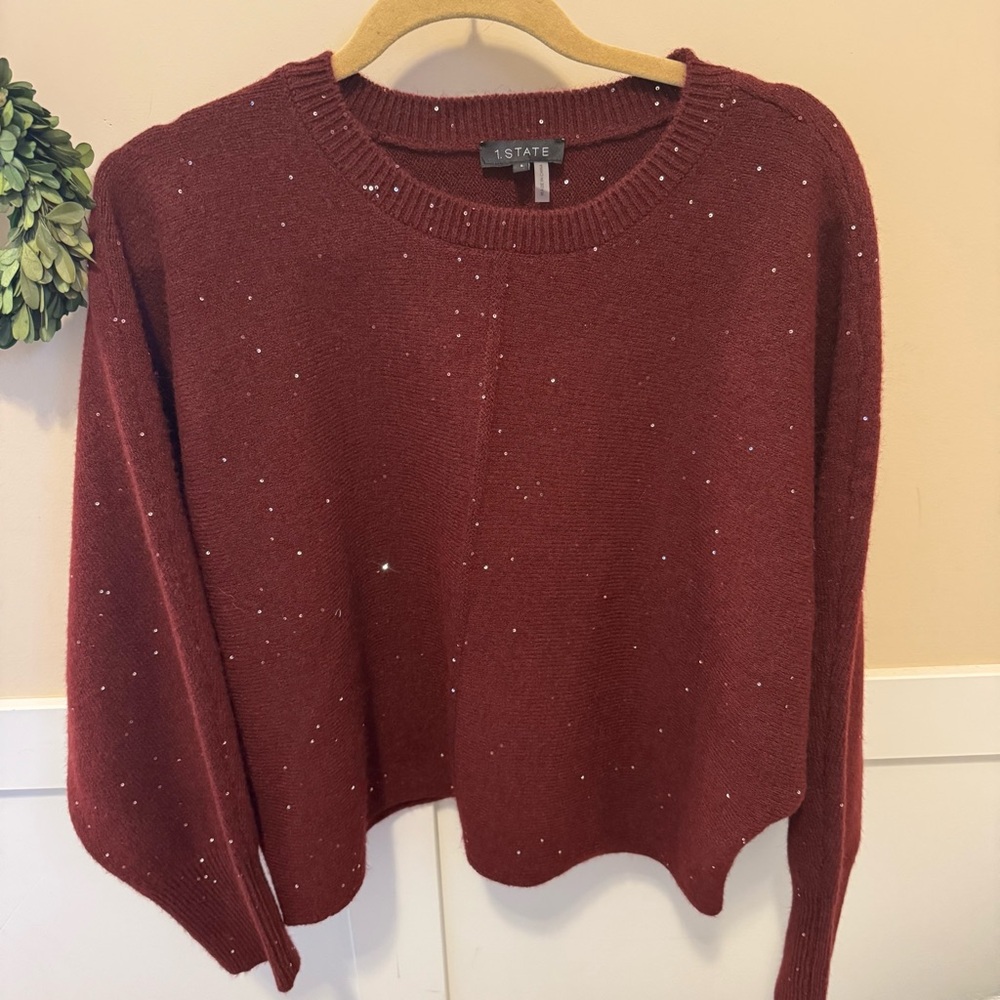 1 State Sparkle Crewneck Sweater Wine Color Large